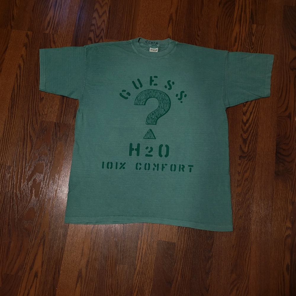 RETRO Mens Vintage Single Stitch 90s GUESS H2O 101% COMFORT Green Graphic Tee XL